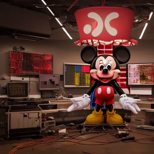 Image similar to a giant mickey mouse, dissected by a group of network executives, on an operating table, octane render, cgstation, 3 d render, very detailed, mindblowing, blood and guts, gritty, cyberpunk