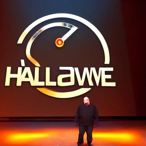 Image similar to gabe newell on stage presenting half life 3 logo