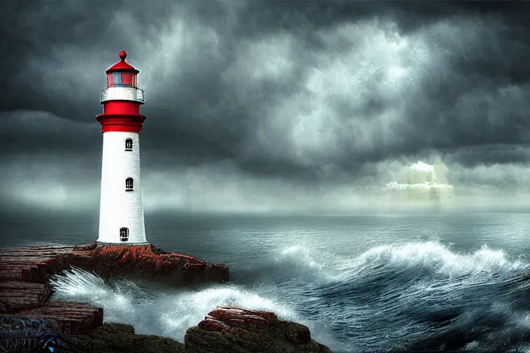 Image similar to hdr lighthouse cove in new england, stormy matte painting by andrea kowch, detailed realistic