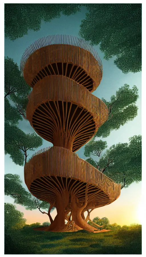 Image similar to a beautiful very detailed illustration of treehouse unfinished building by oscar niemeyer, sunset alien, archdaily, wallpaper, highly detailed, trending on artstation.