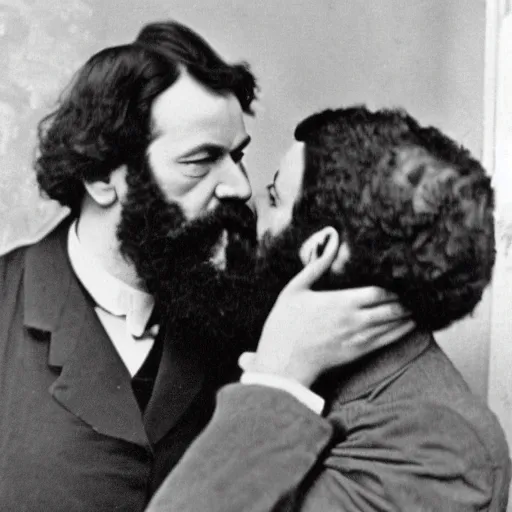 Prompt: Karl Marx and Sigmund Freud kissing, 1920, Bedroom backround