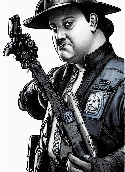 Image similar to cyberpunk paul blart mall cop. portrait by mœbius and will eisner and gil elvgren and pixar. realistic proportions. cyberpunk 2 0 7 7, apex, blade runner 2 0 4 9 concept art. cel shading. attractive face. thick lines.