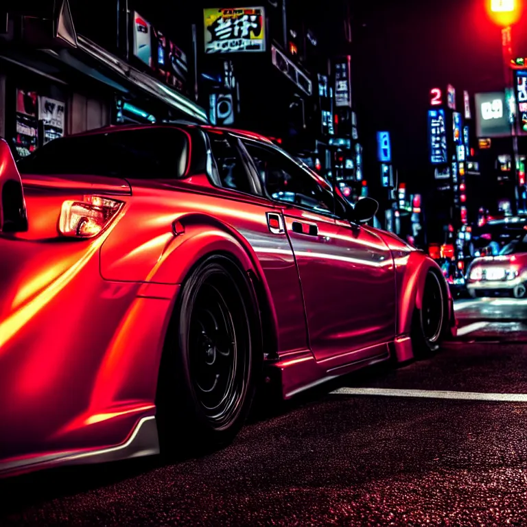 Image similar to close-up-photo Nissan 2000GTS turbo illegal roadside night meet, work-wheels, Shibuya Shibuya, cinematic colors, photorealistic, highly detailed, night photography