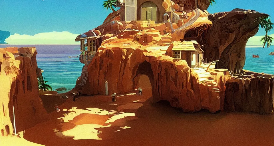 Image similar to concept art, tiny seashell house where a hermit girl lives, atmospheric cinematography by syd mead