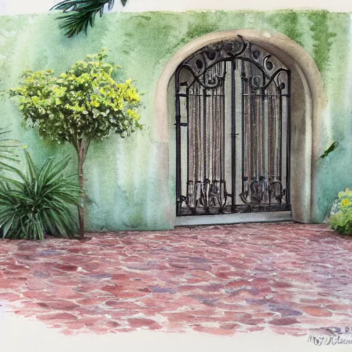 Image similar to delicate, garden, paved, botanic watercolors, iridescent, 8 k, realistic shaded, fine details, artstation, italian, chairs, iron gate, pine maritime, mediterranean