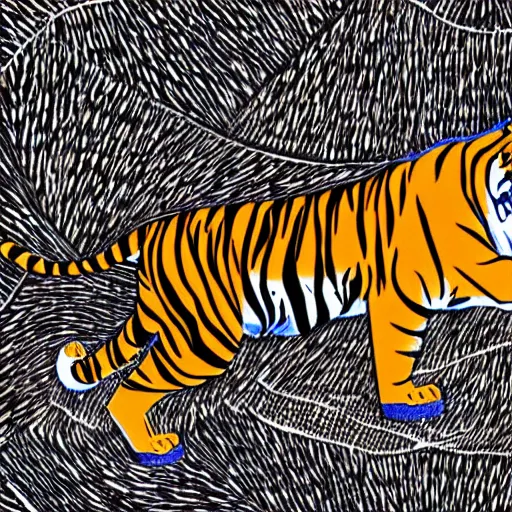 Prompt: tiger walking with backdrop showing the sky, palm tres. the tiger has sharp claws and teeth. in geometric illustration style