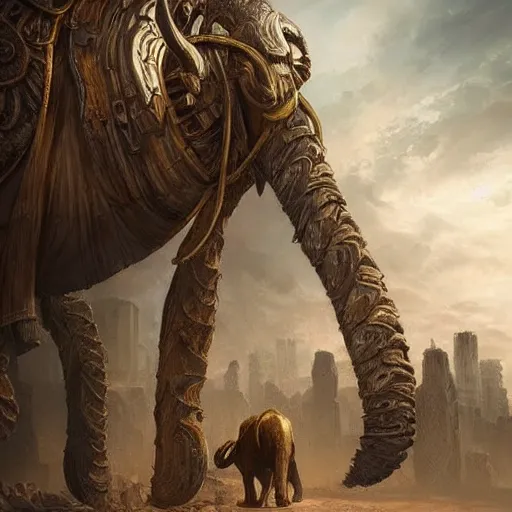 Image similar to golden mammoth golden golden mammoth in a ruined city in a ruined city stylized artgerm artstation hd cgsociety cgi realistic dramatic cinematic artistic trending detailed