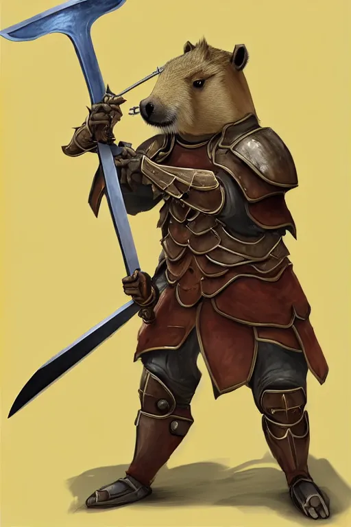 Image similar to an anthropomorphic capybara that is wearing full iron plate armor, a capybara that is dual wielding broadswords, as a matte oil painting and d & d art, standing, fullbody, blue magic, sharp focus, award - winning, extremely detailed, 4 k,