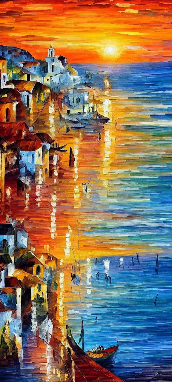 Image similar to beautiful seaside greek village at sunset in the style of leonid afremov