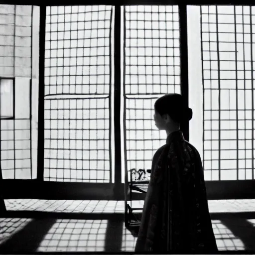 Image similar to woman in traditional hanbok waiting in living room while the shadow of a giant Kaiju-eiga starfish is behind the screen window, 35mm film still, monochrome Wes Anderson and Fritz Lang