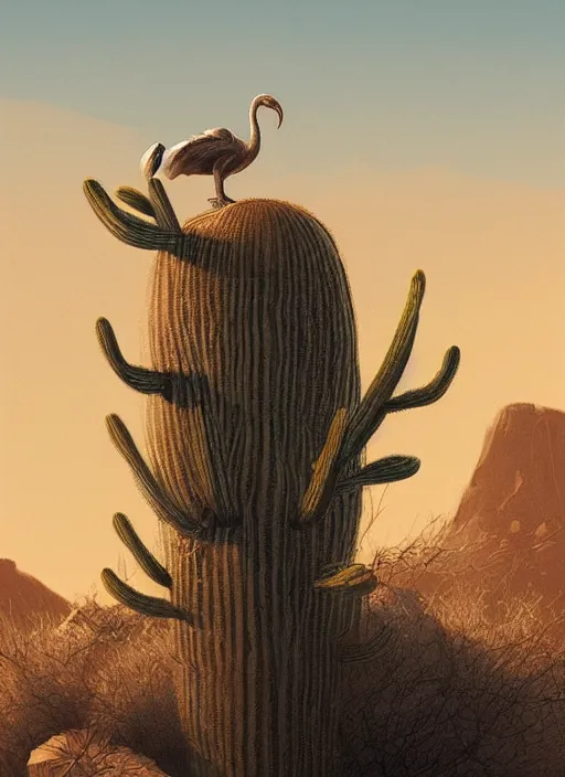 Image similar to A dodo bird perched atop a Saguaro cactus in the desert, digital art, trending on Artstation, high detail, sharp focus, illustration, art by artgerm and greg rutkowski.