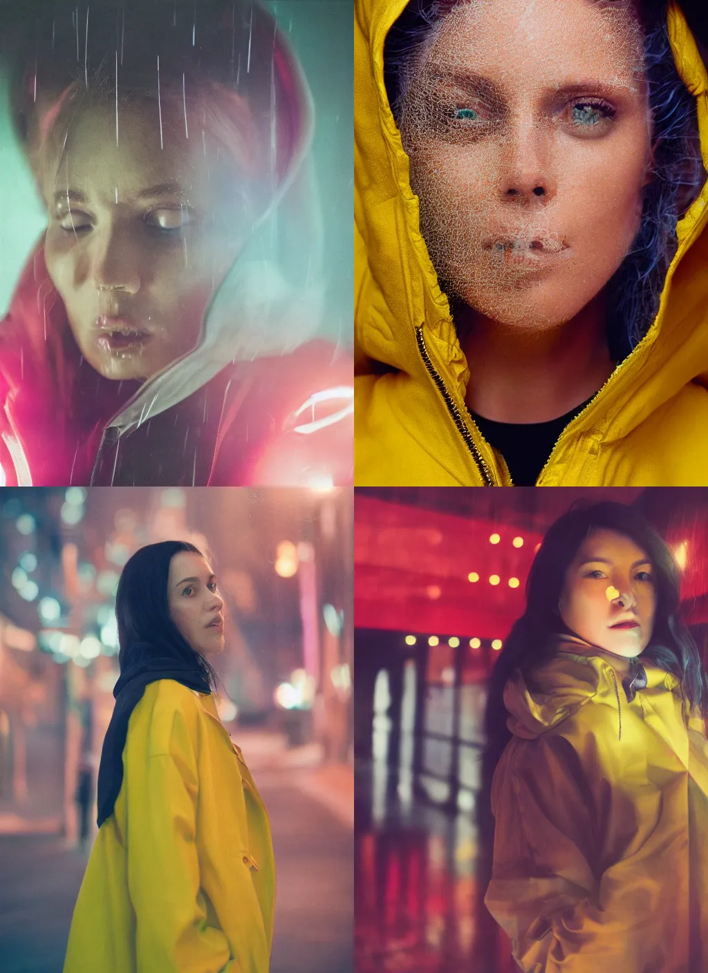 Image similar to A hyper realistic and detailed head portrait photography of a woman wearing a futuristic yellow raincoat with hoodie by annie leibovitz. Neo noir style. Cinematic. Swirly bokeh. Red neon lights and glow in the background. Cinestill 800T film. Lens flare.