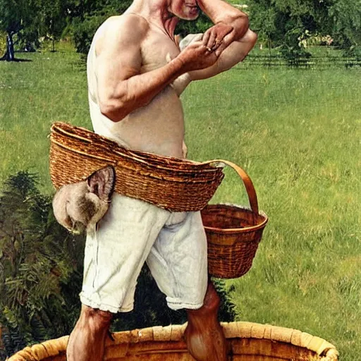 Image similar to a tank - like, fair skinned man with large ears and a big nose. he has frizzy, black hair, seems boring, has long, neat mutton chops, and he has a large scab on his left ear. he is carrying a basket. realism. photo realistic. norman rockwell. repin