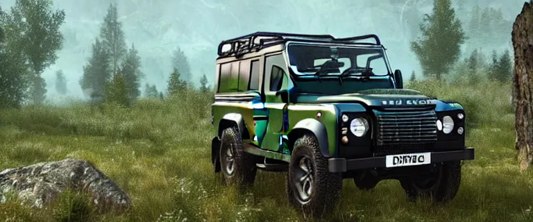 Prompt: Land Rover Defender 110 (1985), The Elder Scrolls V: Skyrim, Riften, The Rift, an epic fantasy, living flora, spriggans, humanoid flora, green floral energy going through spriggans, wooden forest spirits, dramatic lighting, cinematic, establishing shot, extremely high detail, photorealistic, cinematic lighting, artstation, by simon stalenhag