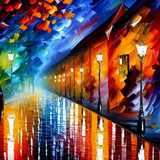 Prompt: a paint of rainy street by leonid afremov.