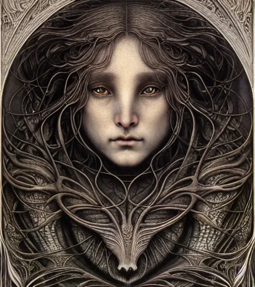 Image similar to detailed realistic beautiful werewolf goddess face portrait by jean delville, gustave dore, iris van herpen and marco mazzoni, art forms of nature by ernst haeckel, art nouveau, symbolist, visionary, gothic, neo - gothic, pre - raphaelite, fractal lace, intricate alien botanicals, ai biodiversity, surreality, hyperdetailed ultrasharp octane render