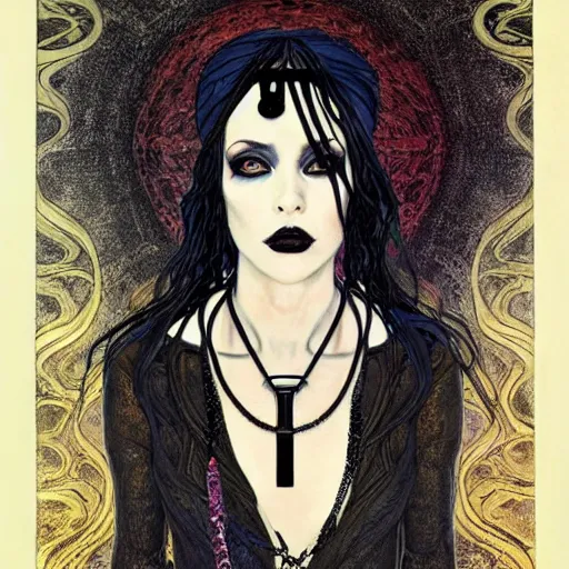 Image similar to death, a beautiful pale goth girl wearing a black vest and black punk hair, an ankh medallion hangs around her neck. portrait by joshua middleton and gustav klimt, vertigo comic