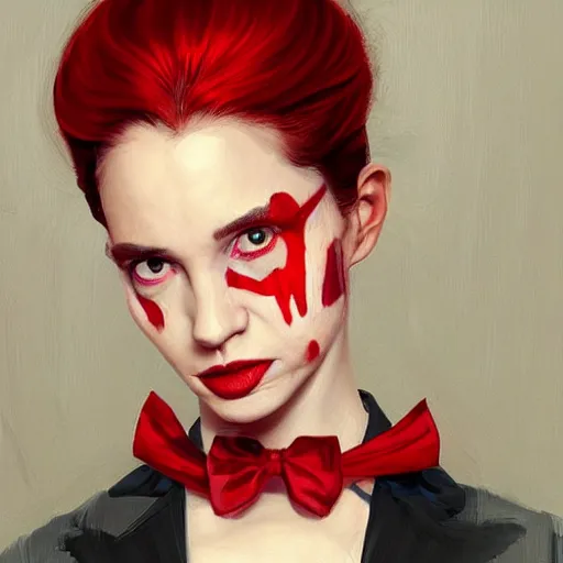 Image similar to A masterpiece portrait of a Female version of Patric Bateman from American Psycho. Red drops on face. medium shot, intricate, elegant, highly detailed. trending on artstation, digital art, by Stanley Artgerm Lau, WLOP, Rossdraws, James Jean, Andrei Riabovitchev, Marc Simonetti, Yoshitaka Amano