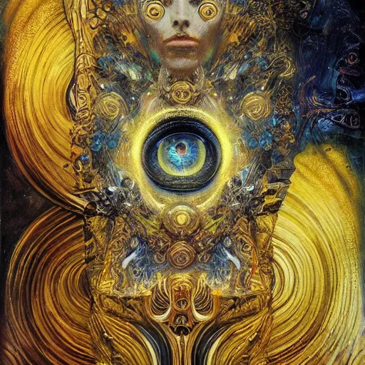 Image similar to Divine Chaos Engine by Karol Bak, Jean Deville, Gustav Klimt, and Vincent Van Gogh, beautiful visionary mystical portrait, sacred, otherworldly, fractal structures, Surreality, ornate gilded medieval icon, third eye, spirals, horizontal symmetry