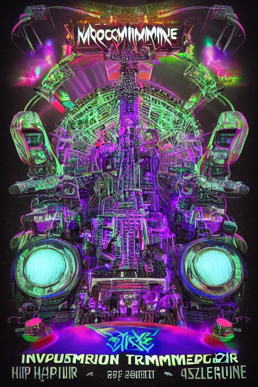 Prompt: mockup of a band tshirt, bandname is tripmachine, tourname is invasion of the tripmachines, realistic digital art, 3 d render of a huge futuristic steampunk generator, 8 k, fluorescent colors, halluzinogenic, multicolored, exaggerated detailed, unreal engine