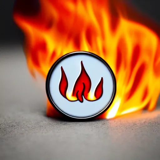 Image similar to an award - winning photograph of minimalistic clean flames warning enamel pin, beautiful cinematic light, behance