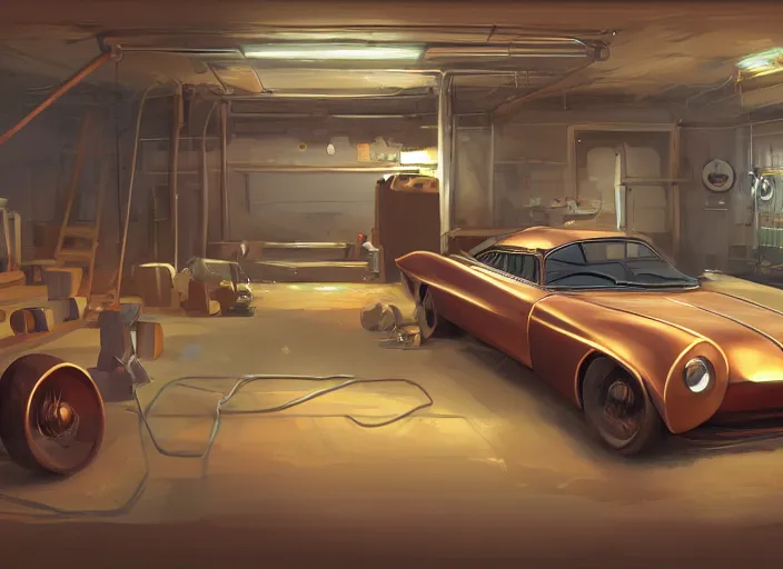 Prompt: classic musicle car with copper paint, in a workshop, concept art style by pablo carpio. full view.