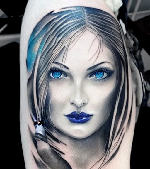 Image similar to tattoo design sketch of a beautiful blue - eyed woman face with a faded background of beautiful mountains and nature on her side, hyper - realistic, in the style of den yakovlev, amazing detail, black and white