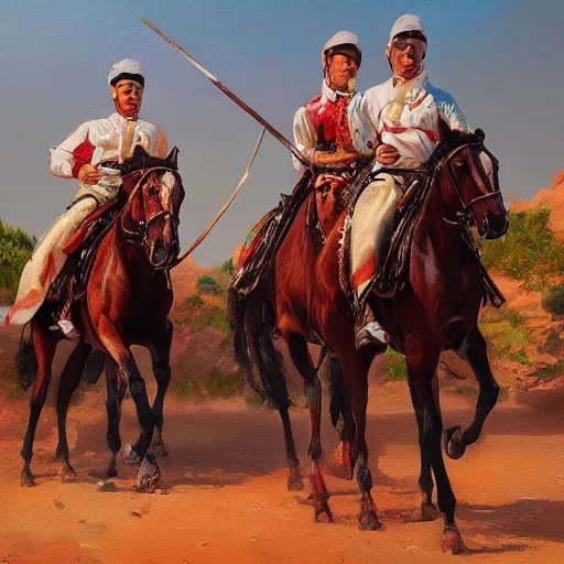 Image similar to the tbourida in morocco fantasia, 5 person riding horse, oil painting, artstation, very detailed