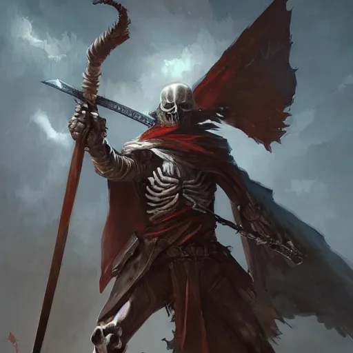 Prompt: A warrior skeleton holding a greatsword by greg rutkowski