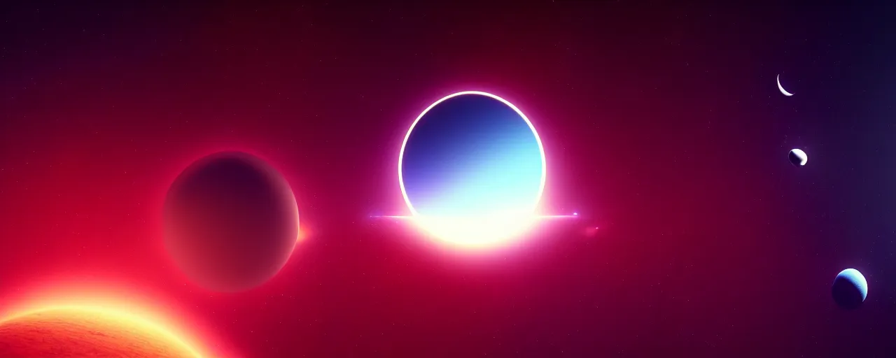 Image similar to minimalist cinematic scifi render of atmospheric space, planet and moon, nebula, homeworld skies, volumetric lighting, 4 k, 8 k, hd