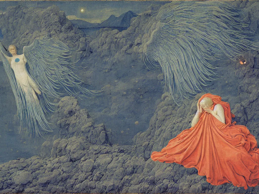 Image similar to Portrait of terrifying Blue star clad albino angel sleeping in the seed of a comet. Icy surreal mountains at night. Coral-like pebbles, autumn light. Painting by Jan van Eyck, Fra Filippo Lippi, Rene Magritte, Jean Delville, Max Ernst, Beksinski