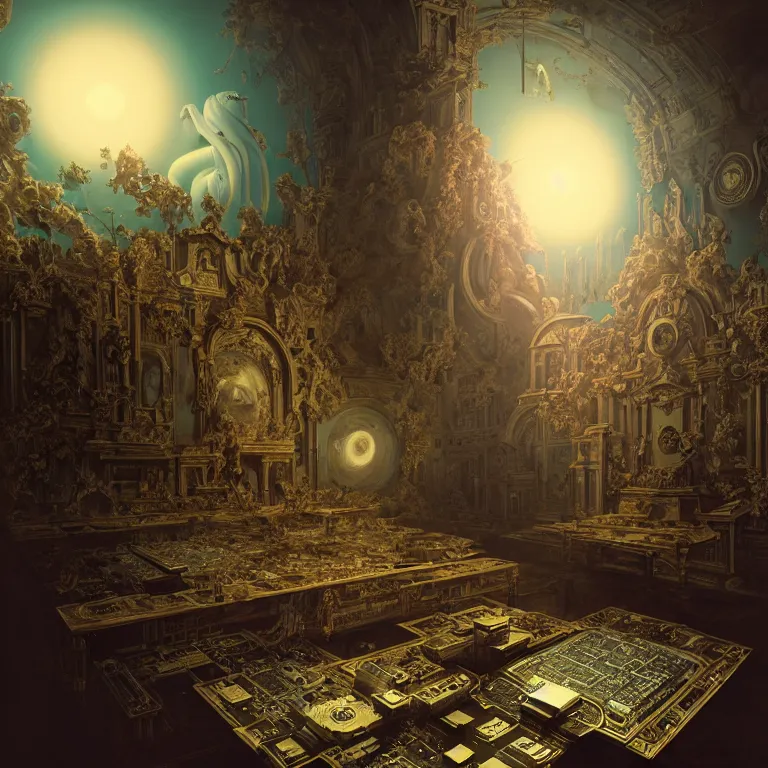 Image similar to motherboard, chip circuit, computer, dream - like atmosphere, baroque landscape painting, perfect composition, beautiful detailed intricate insanely detailed octane render trending on artstation, 8 k artistic photography, photorealistic, soft natural volumetric cinematic perfect light, chiaroscuro, award - winning photograph, masterpiece, raphael, caravaggio, greg rutkowski, beeple
