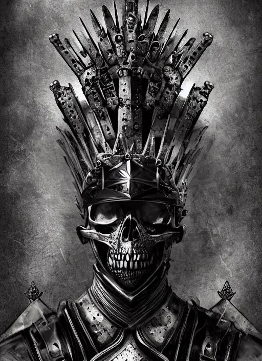 Prompt: portrait of king arthur skull faced knight cyborg with a crown with engravings, game of thrones, dnd, studio portrait against a black background, modern fine art, fractal, intricate, elegant, highly detailed, digital photography, subsurface scattering, in the style of ghost, by jheronimus bosch and yue minjun and giger and greg rutkowski,