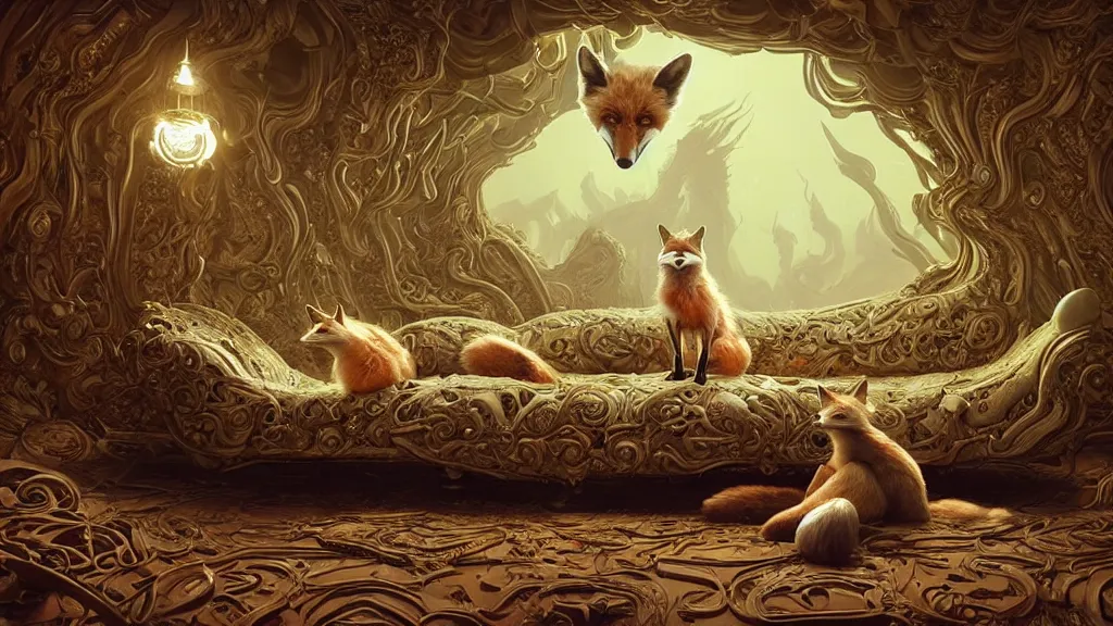 Prompt: a hyperrealistic photographical cream cyborg fox sitting on an ornate alien couch, symmetrical, intricate, detailed, volumetric lighting, sharp focus, photorealism, digital painting, highly detailed, concept art, by roger dean and beth cavener and simon stalenhag and mark brooks