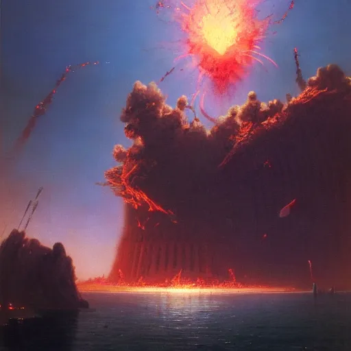Image similar to A gigantic colossal Atomic explosion in Mumbai, by Bruce Pennington, by Wayne Barlowe, by Greg Rutkowski, oil on canvas, masterpiece, detailed, dynamic, cinematic composition, beautiful lighting, view from ground, trending on artstation, top on pixiv, 8K, no frames,
