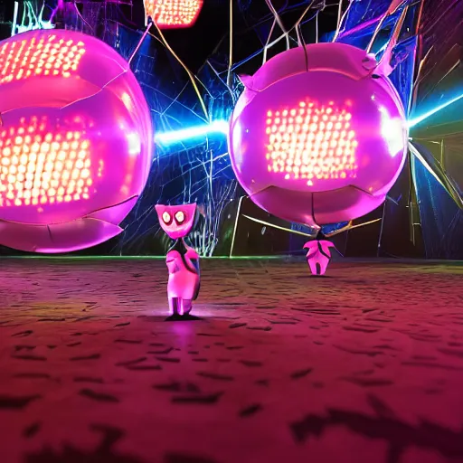 Prompt: promotional movie still wide - angle 3 0 m distance. nanorobots ( ( cat ) ) 1 million into the future ( 1 0 0 2 0 2 2 ad ). super cute and super deadly. nanorobots like disco music, disco balls, dance - off contests. dramatic lighting, cinematic lighting, octane 3 d. style saturday night fever ( film )