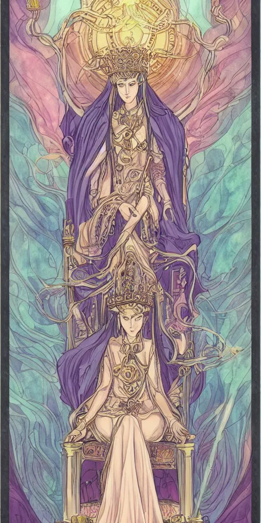 Image similar to a mystical woman priestess sitting on a throne, the divine feminine, drawn by studio UFOTABLE, fine line work, pastel colors, Tarot cards