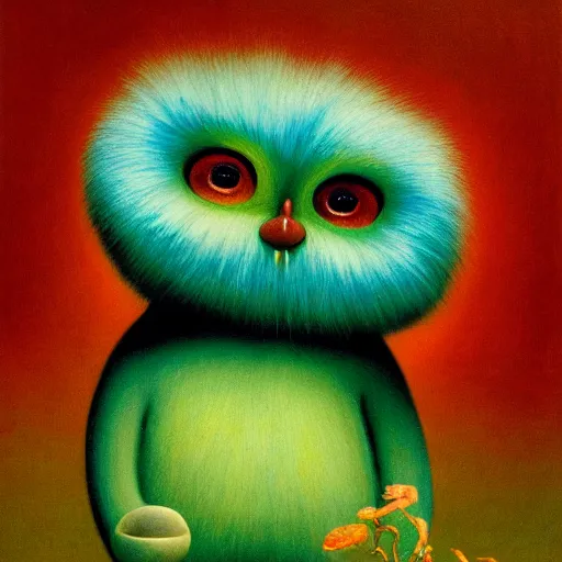 Prompt: a naturalist, colorful, beautiful painting of a furby in front of a shrub painting by zdzisław beksinski, alfred kubin, trending on artsstation, expressive ductus.