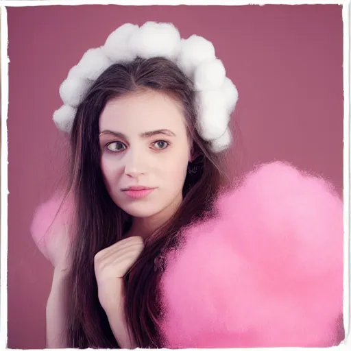 Image similar to portrait of pretty girl surrounded by large fluffy pink cotton balls, Dreamlike Portrait Photography by Ramak Bamzar