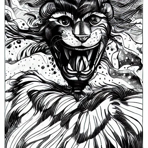 Image similar to angelic lioness flying in outer space, black and white ink on paper, thick outlines, 8k high quality detailed art, trending on art station, super wide angel, manga art, by Eiichiro Oda