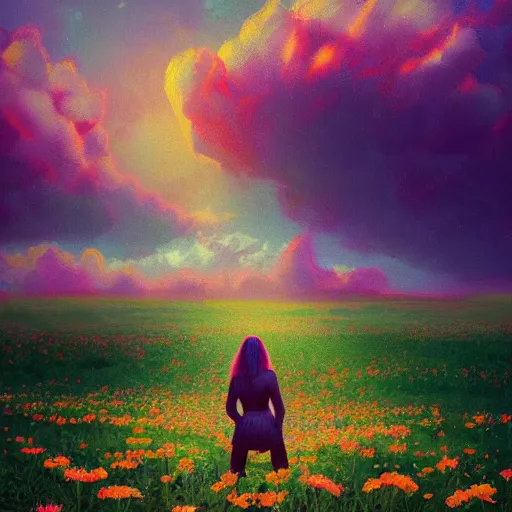 Image similar to exploding flower afro, full body, girl standing in the middle of a field with flowers, surreal photography, hills, sunrise dramatic light, impressionist painting, colorful clouds, digital painting, pointillism, artstation, simon stalenhag