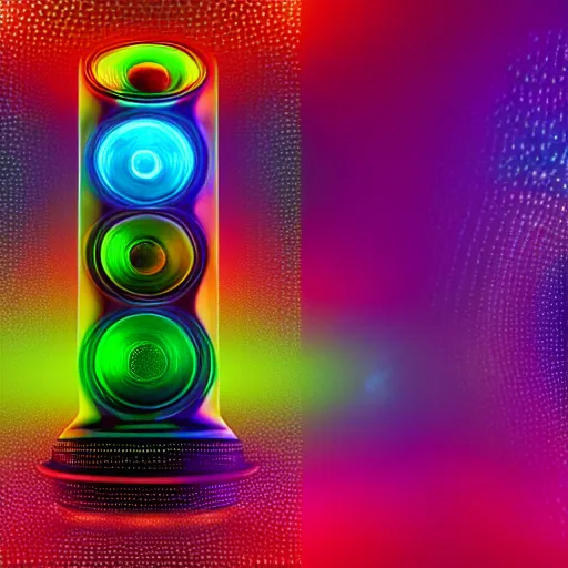 Image similar to a multicolored image of a speaker surrounded by speakers, a hologram by barclay shaw, shutterstock contest winner, holography, holographic, ray tracing, psychedelic