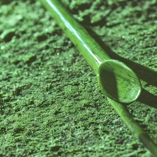 Image similar to short wooden cane with blobs of green slime on it, photograph