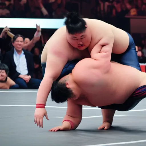 Prompt: photo of Elon Musk wrestling a sumo wrestler