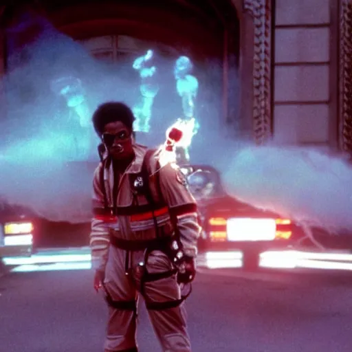 Image similar to stunning awe inspiring michael jackson as a ghostbuster in the movie ghostbusters, movie still 8 k hdr atmospheric lighting