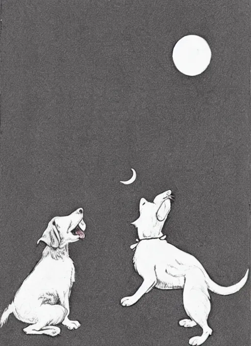 Prompt: jack russel dog silhouette howling at the moon, illustrated by peggy fortnum and beatrix potter and sir john tenniel