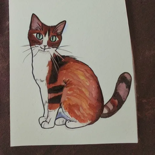 Image similar to a watercolour painting of a cute calico cat in style of ghibli