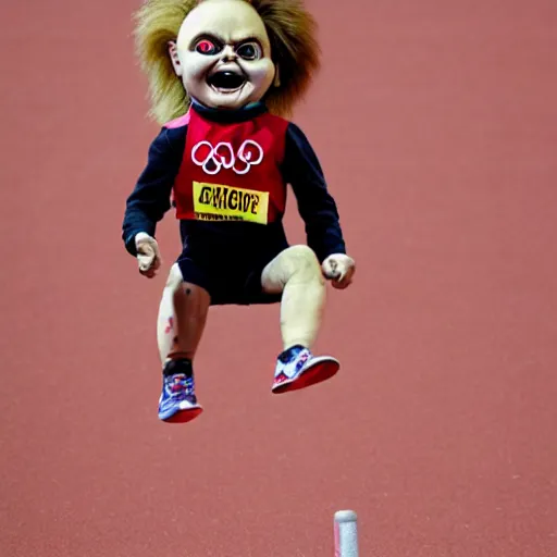 Image similar to screaming chucky doll doing long jump at the olympics