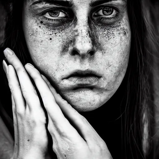 Image similar to minimalist photography portrait of a germanic pagan woman, sad, crying, tear, early middle ages, gash, symmetrical, super close up, mid thirties, cute round slanted eyes, caucasian, wide nostrils, high cheekbones, full cheeks, high flat eyebrows, ethereal essence, leica 1 0 0 mm f 0. 8