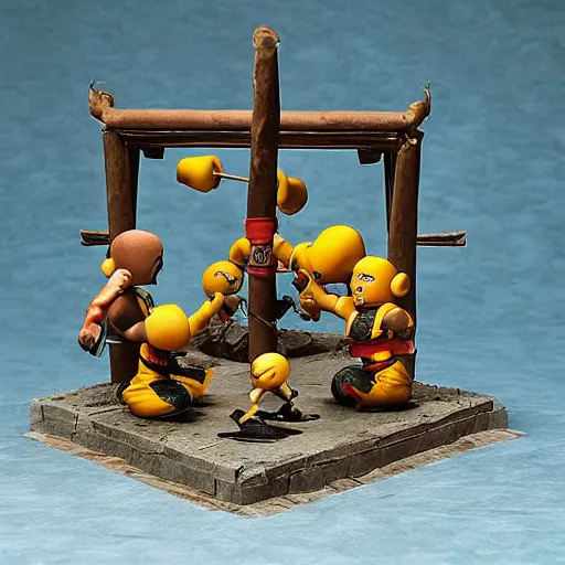 Image similar to photo of nendroid figures inside a diorama, depicting the cute fighters of mortal kombat brutally fighting each other inside a shaolin temple next to a spike - pit.